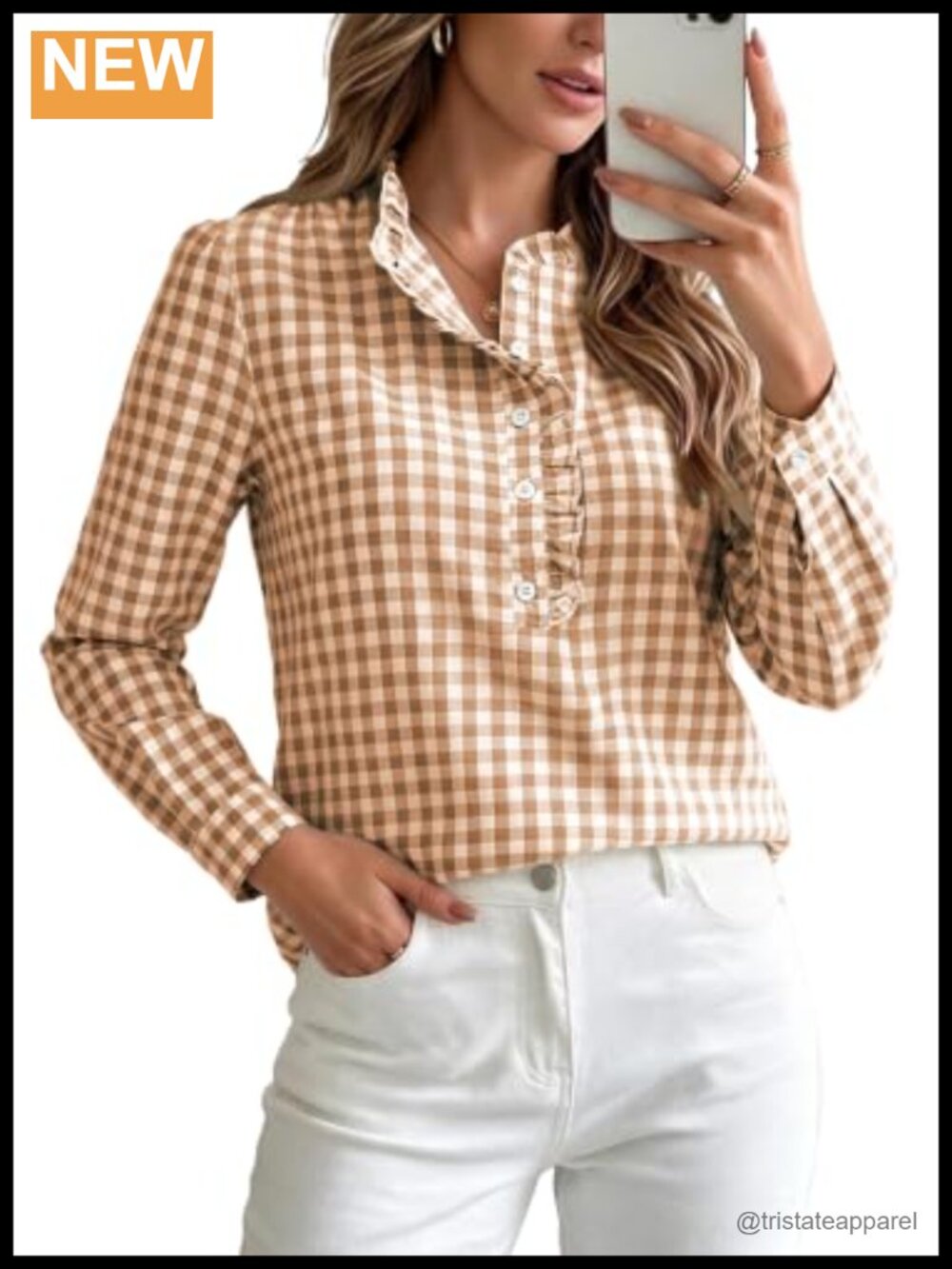 Puff Long Sleeve Plaid Button Down Shirt with Ruffle Collar